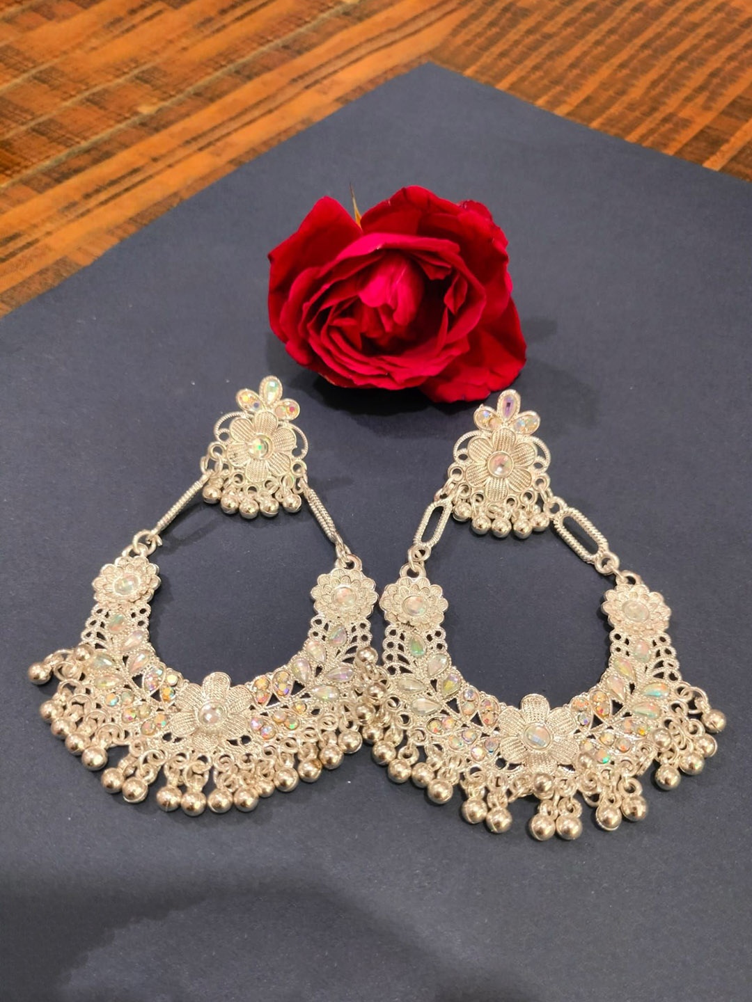 

JMBW INTERNATIONAL Sterling Silver Artificial Stones Studded And Beaded Chandbalis