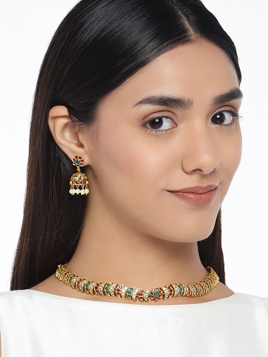 

Peora Gold-Plated Artificial Stone Studded And Beaded Temple Jewellery Set