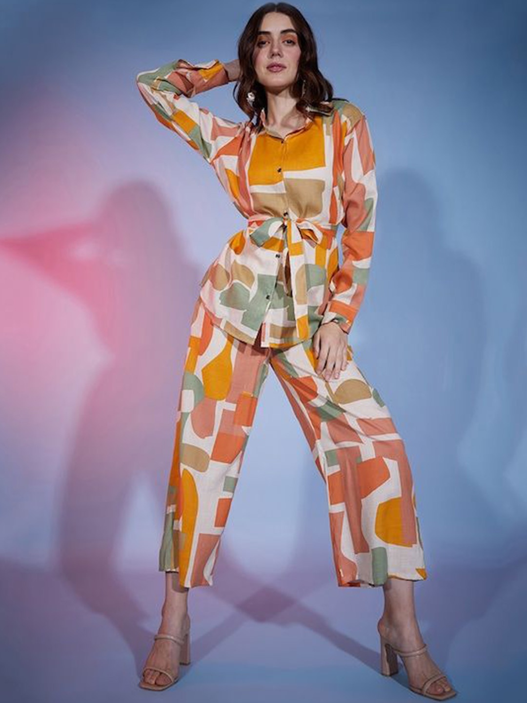 

NEYSA Abstract Printed Shirt & Trousers Co-ord Set, Orange
