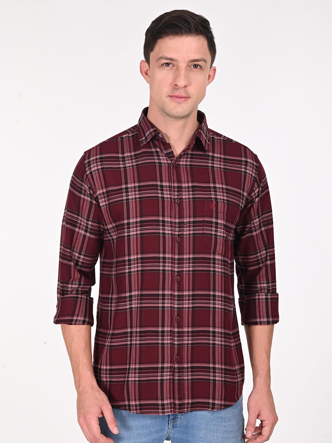 

URBAN POCHE Men Slim Fit Spread Collar Tartan Checked Cotton Casual Shirt, Maroon