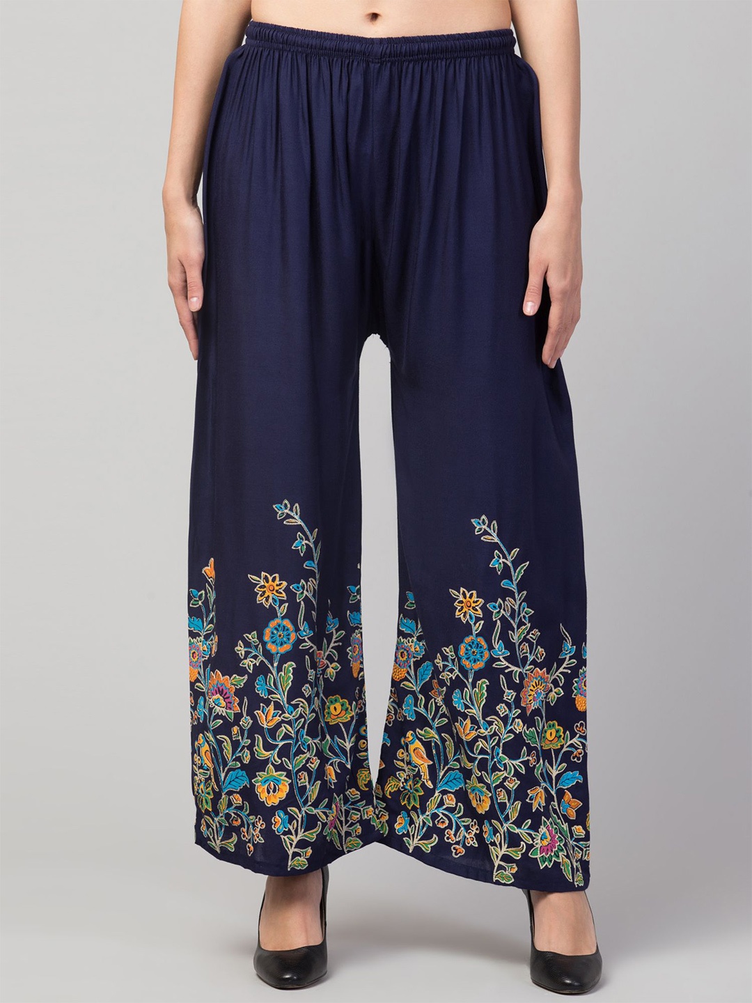 

FAMBEE Women Floral Embroidered Flared Knitted Palazzos, Blue