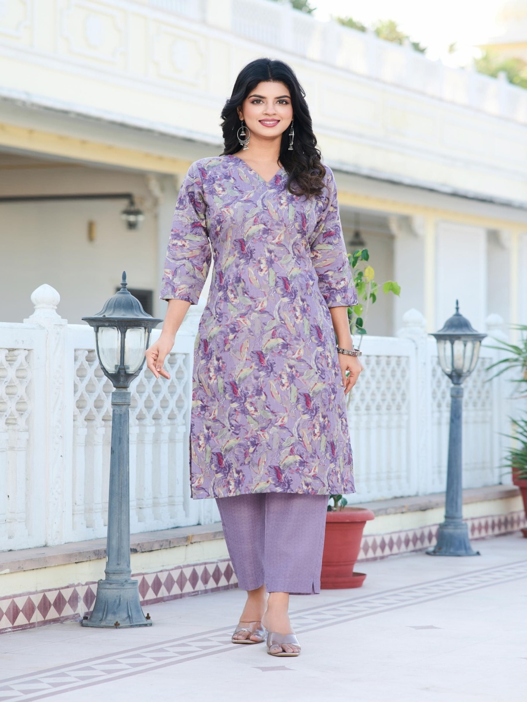 

THE52 Floral Printed Straight Kurta with Trousers & Dupatta, Purple