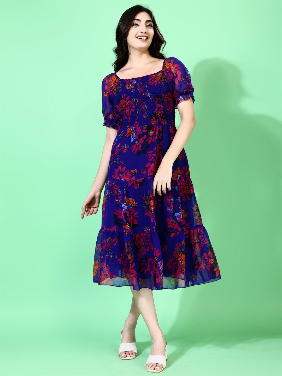 

Attire Empire Floral Print Smoked Tiered Georgette Fit & Flare Midi Dress, Blue