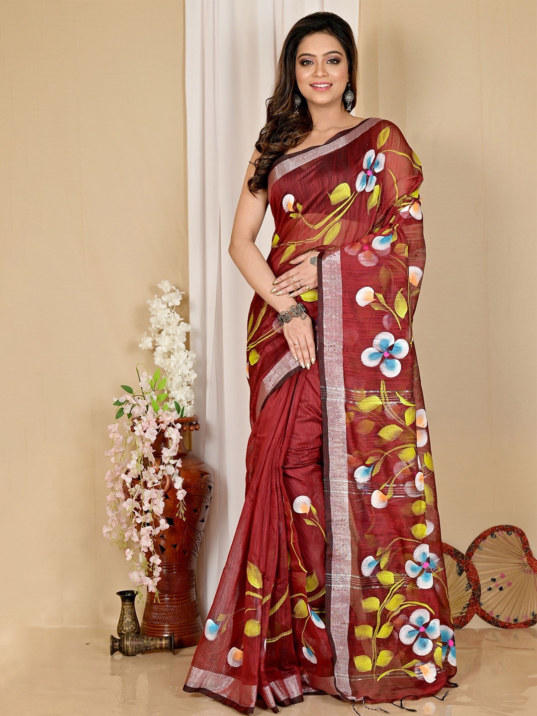 

DipDiya Floral Zari Taant Saree, Brown
