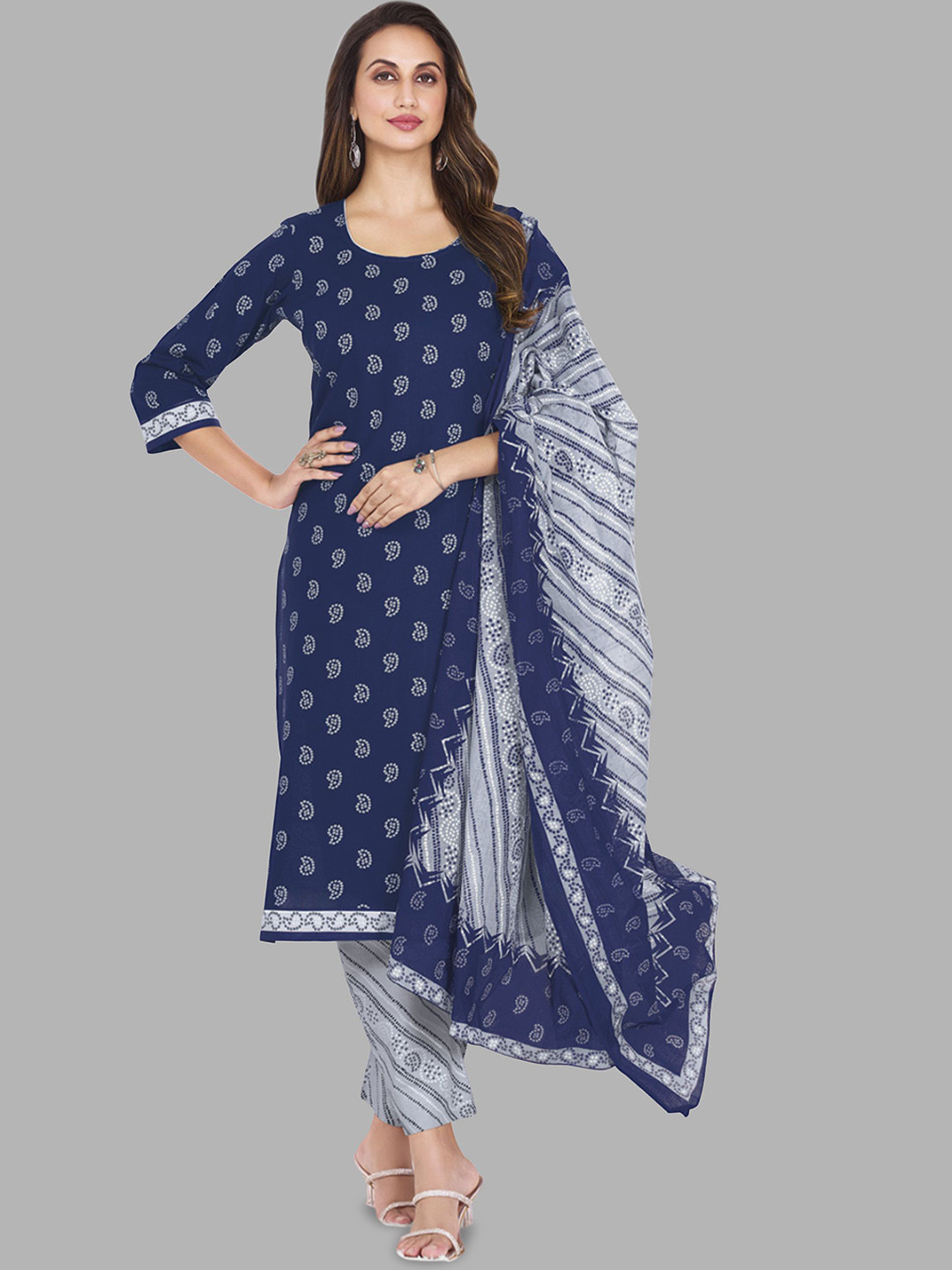 

Simmu Floral Printed Round Neck Pure Cotton Straight Kurta With Trouser & Dupatta, Navy blue