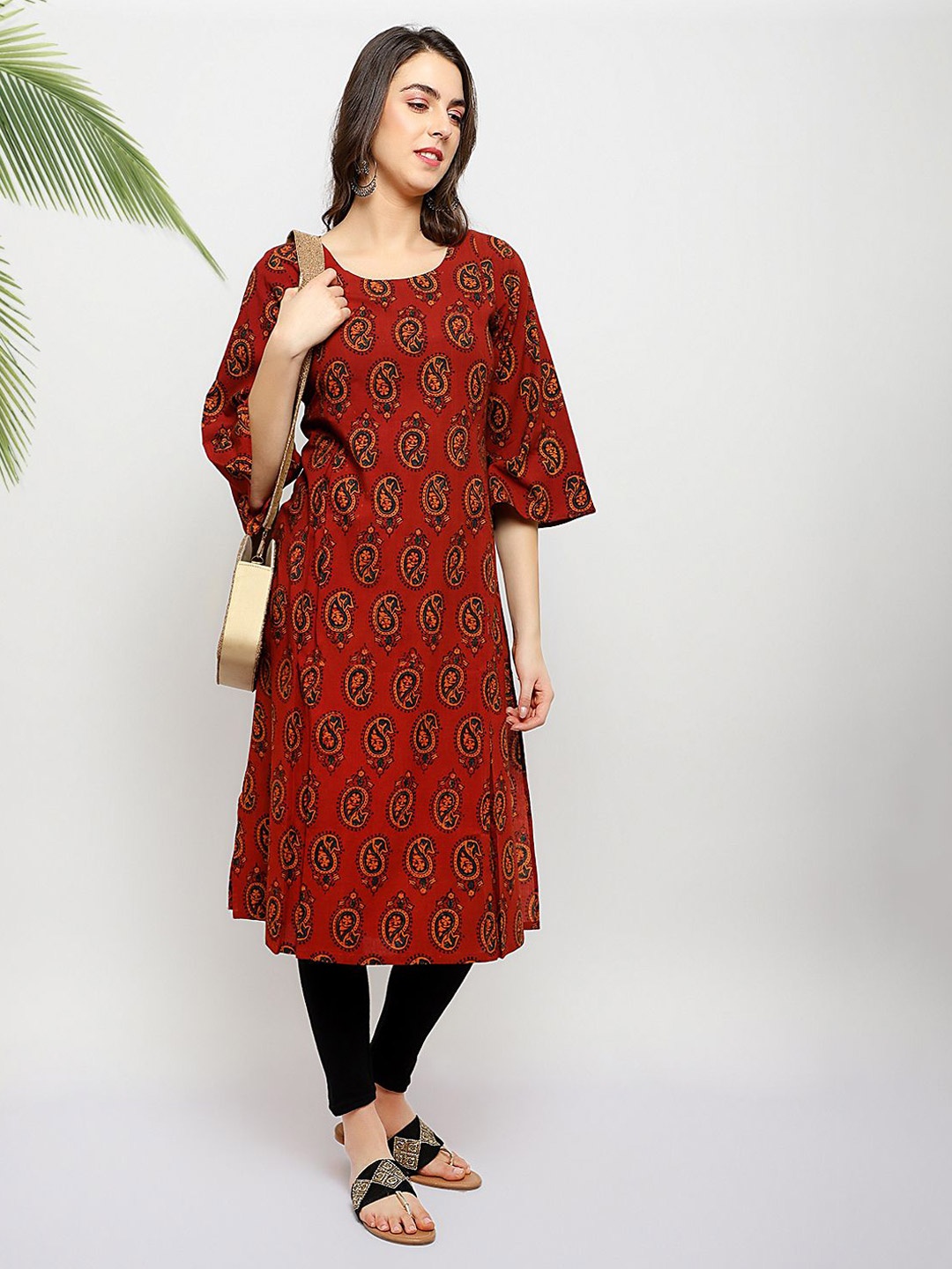 

PALASH Paisley Block Printed Round Neck Pure Cotton Straight Kurta, Red