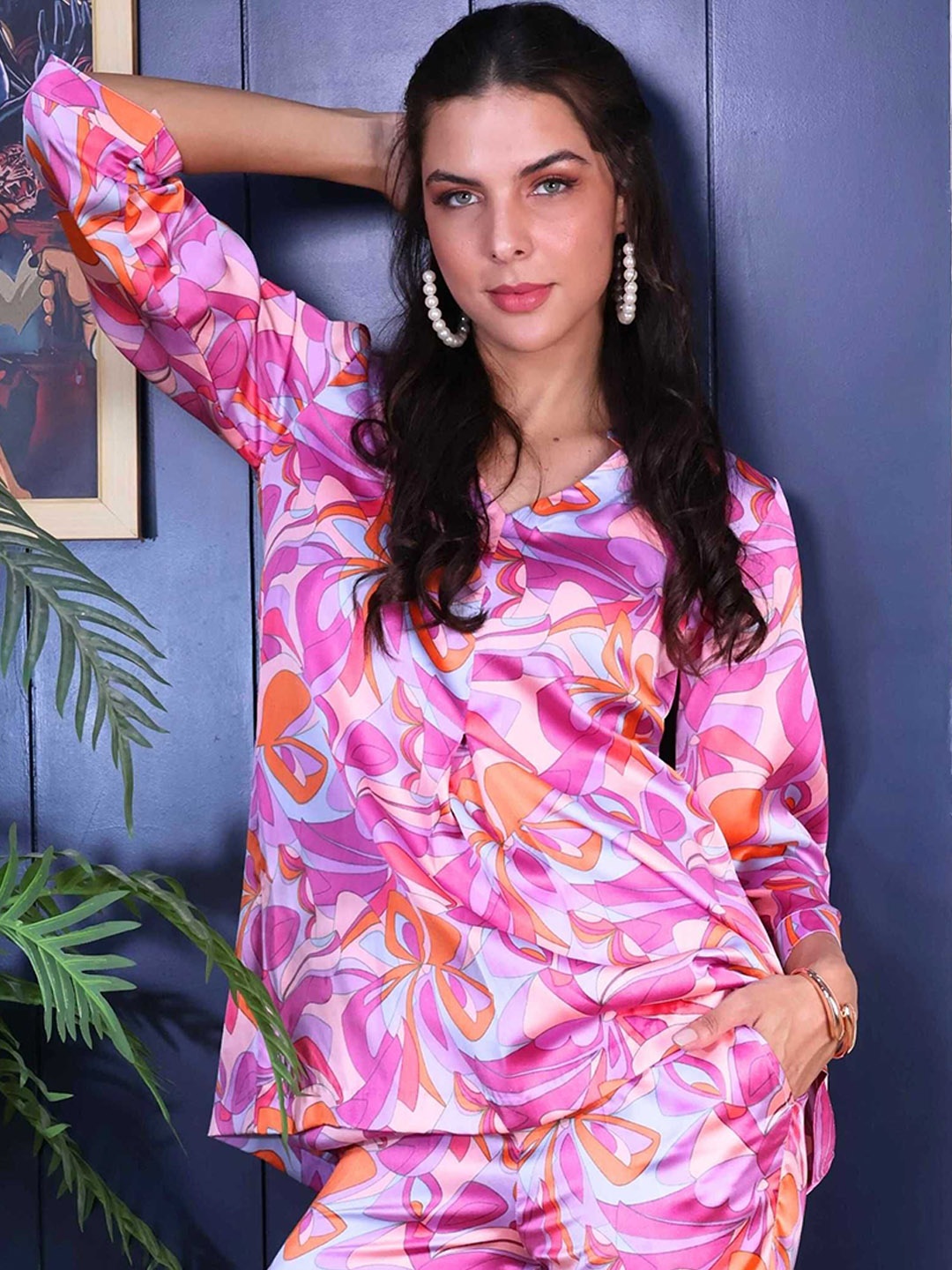 

ALLUREARMOIRE Women's Printed Satin Co-Ord Set, Pink