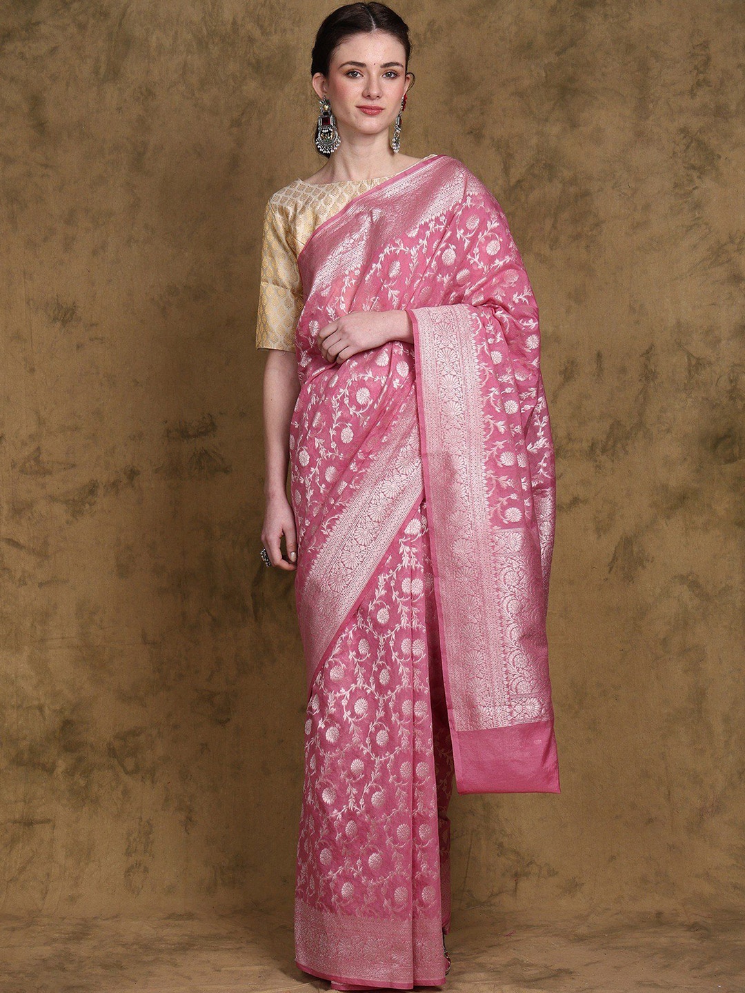 

Exotic India Art Silk Banarasi Saree with All Over Brocaded Floral Jaal, Pink