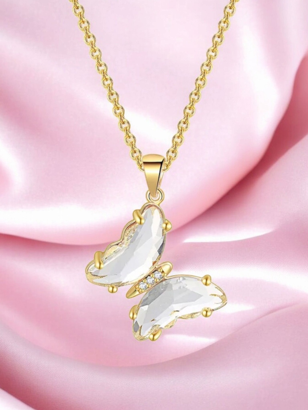 

Nilu's Collection Gold-Plated Cubic Zirconia Studded Butterfly Pendant With Chain