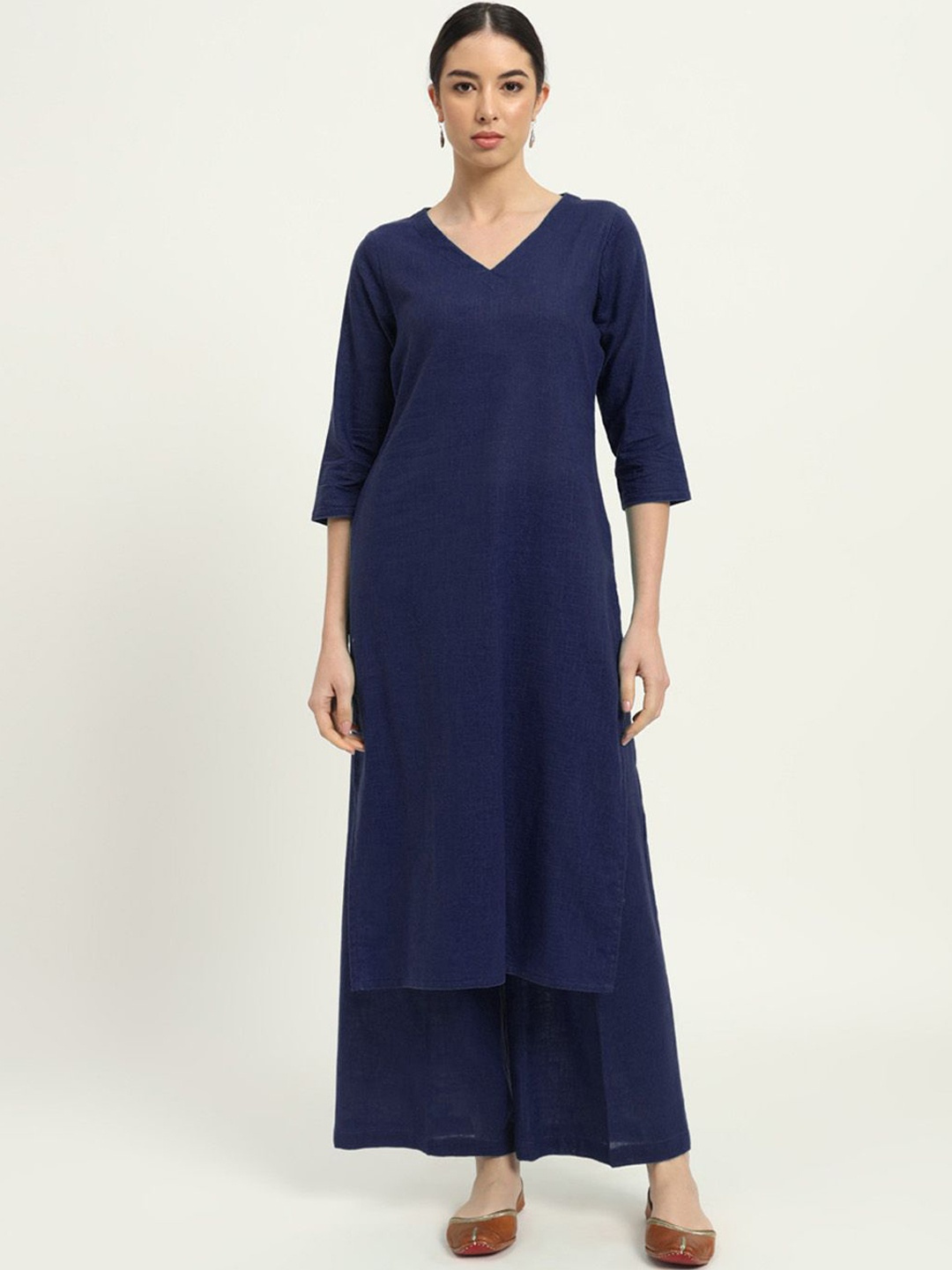 

Thevasa V-Neck Pure Cotton Straight Tunic With Trouser, Navy blue