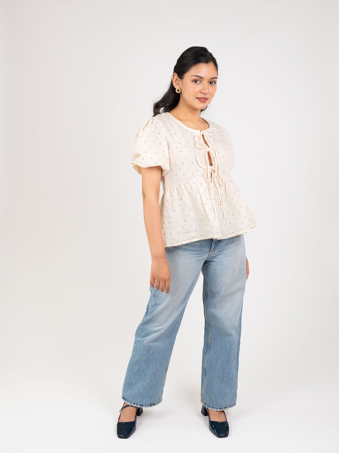 

MONOMEE Floral Print Puff Sleeve Cotton Blouson Top, Off white