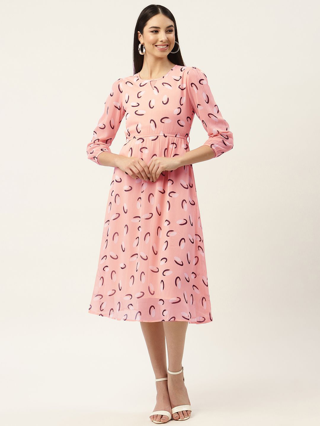 

Moda Rapido Print Keyhole Neck Puff Sleeve Chiffon Fit & Flare Midi Dress, Peach