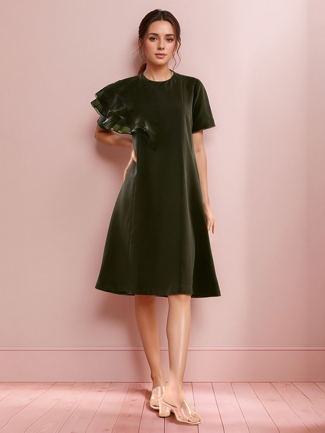 

Samyukta Singhania Women Round Neck Plain Asymmetric Ruffled Sleeve Midi Dress, Black