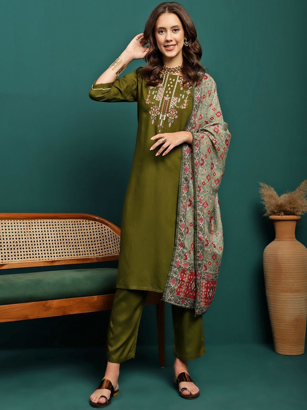 

Sangria Olive-Green Floral Embroidered Round Neck Straight Kurta With Trouser And Dupatta