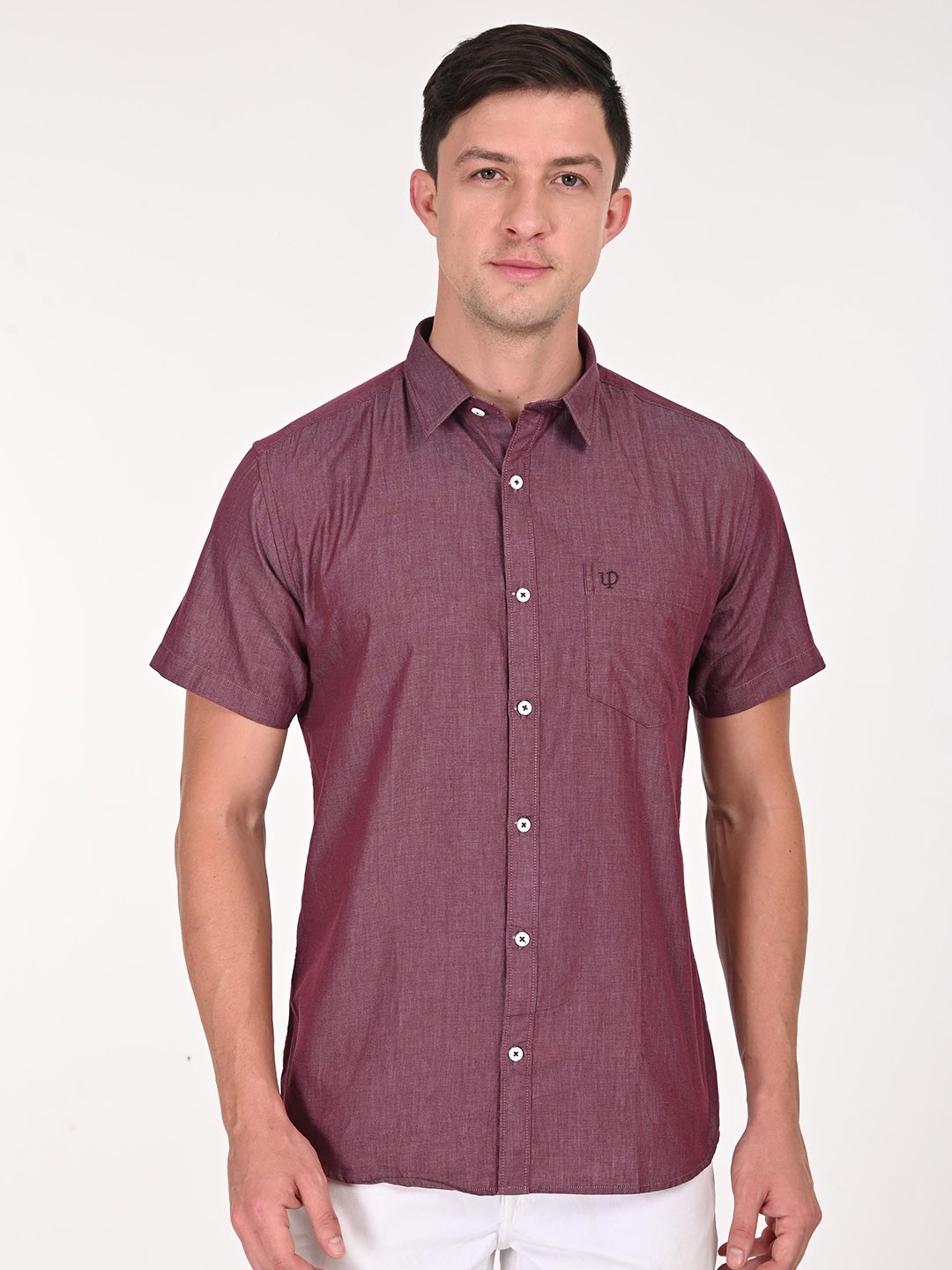 

URBAN POCHE Men Slim Fit Spread Collar Solid Cotton Casual Shirt, Burgundy