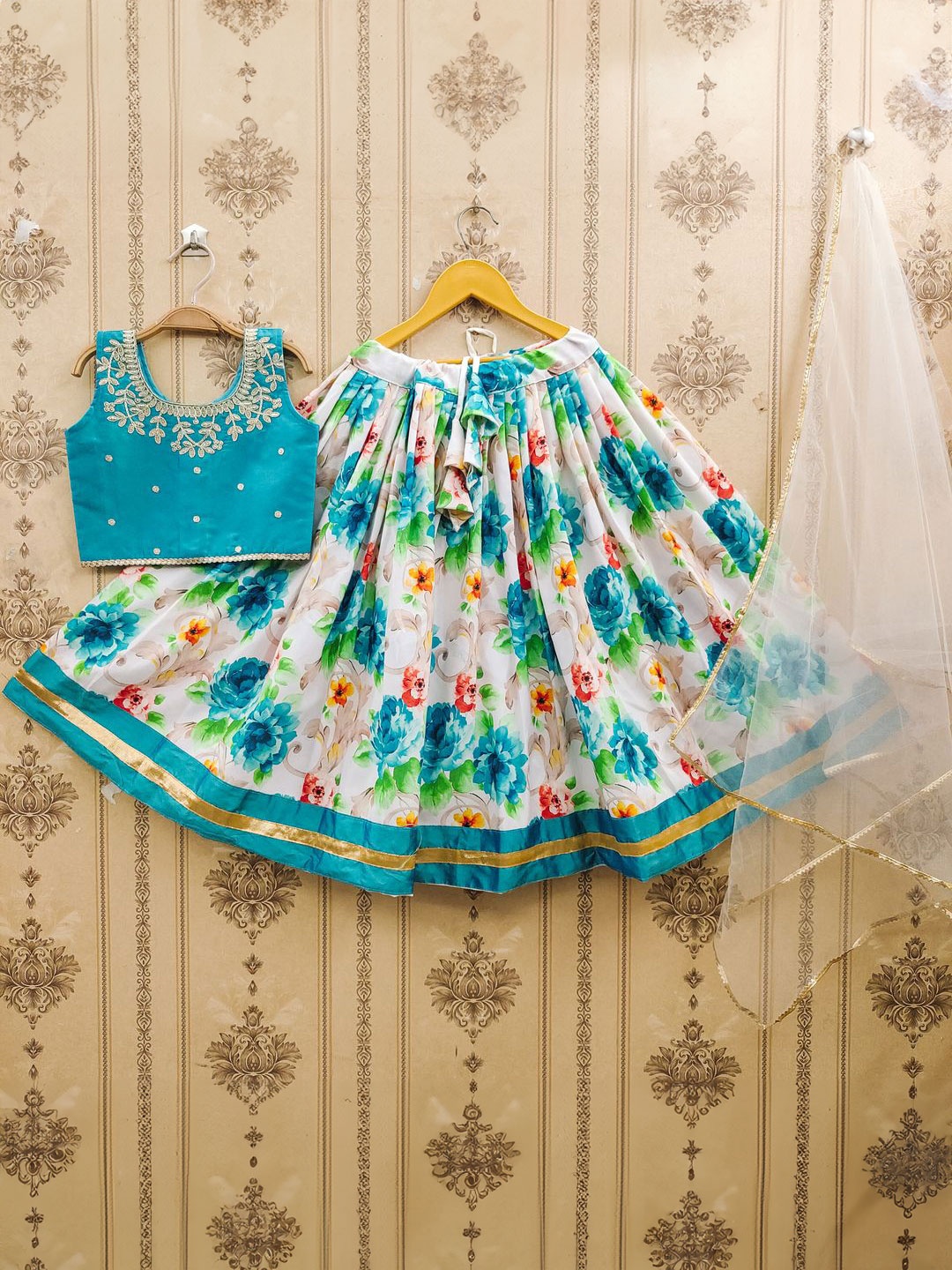 

JOVK DESIGN Girls Dyed Thread Work Tie and Dye Ready to Wear Lehenga & Blouse With Dupatta, Blue