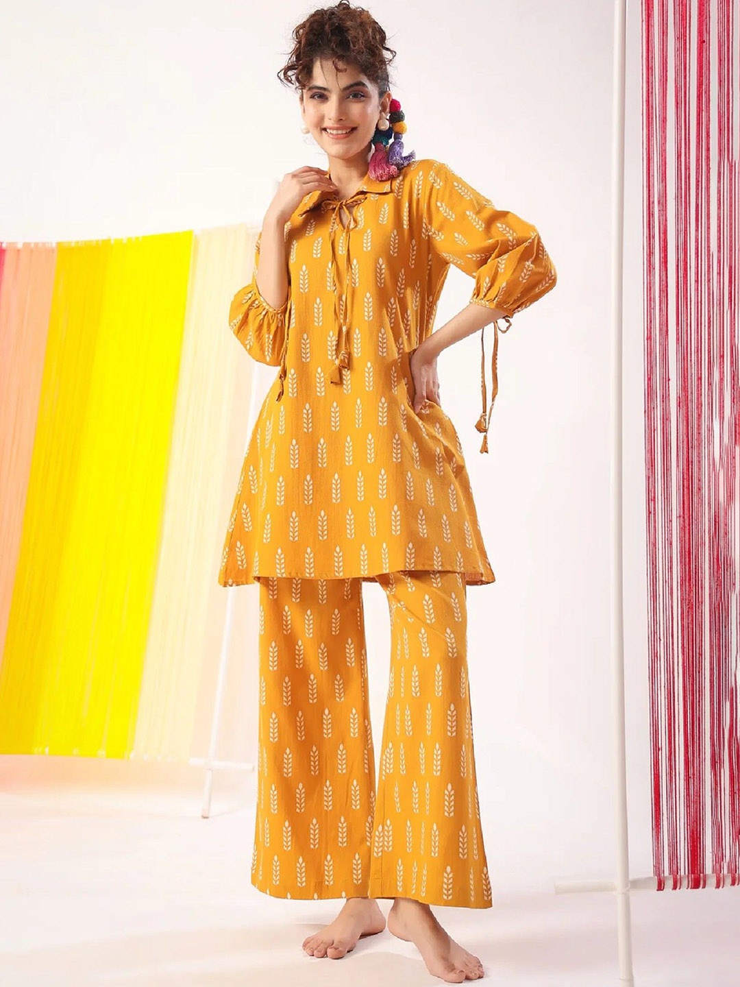 

Acriine Floral Printed Shirt Collar Pure Cotton Tunic With Palazzo, Mustard