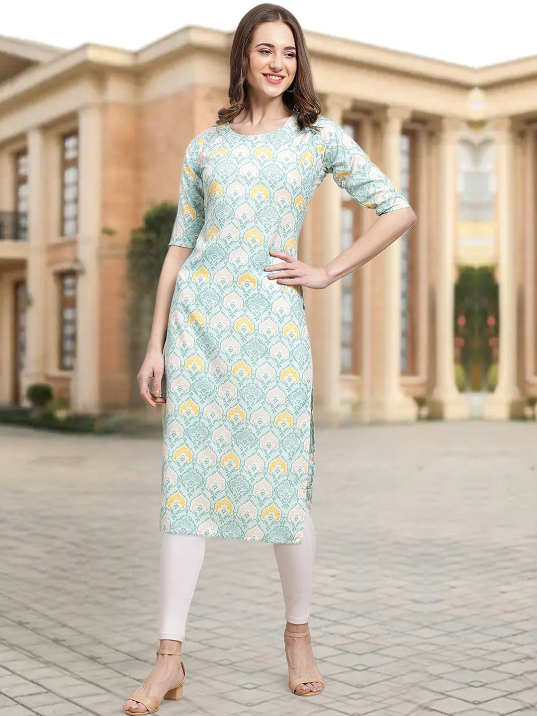 

7Threads Floral Printed Round Neck Straight Kurta, Blue