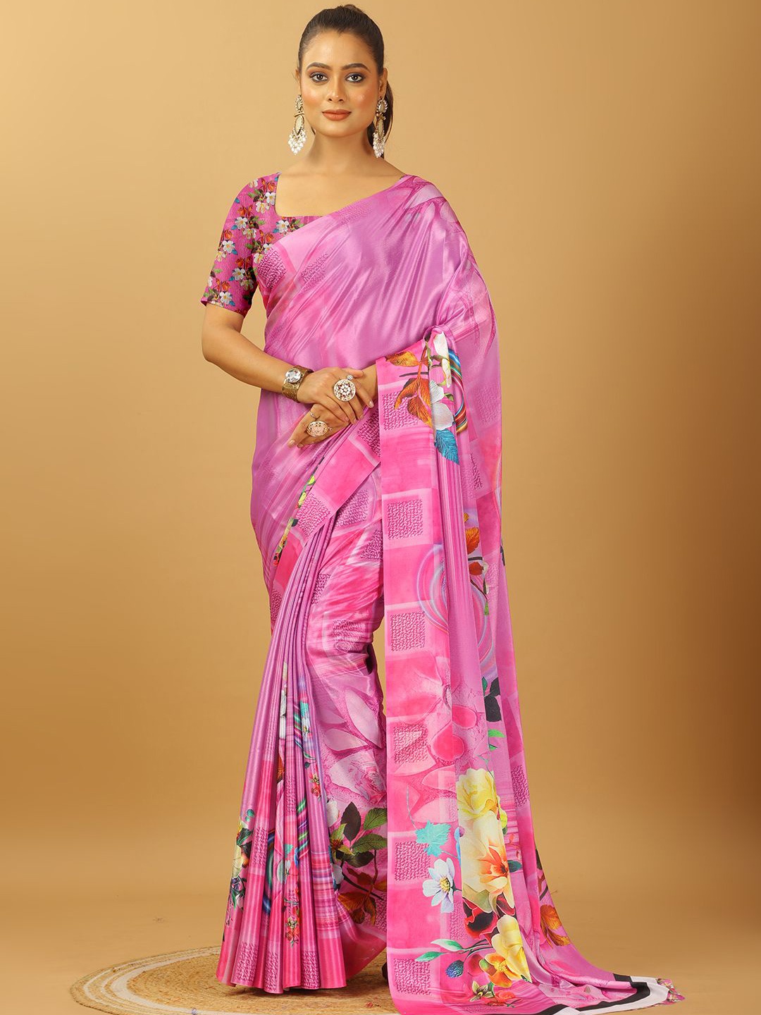 

A.V.M. SILK MILLS Floral Pure Crepe Saree, Pink