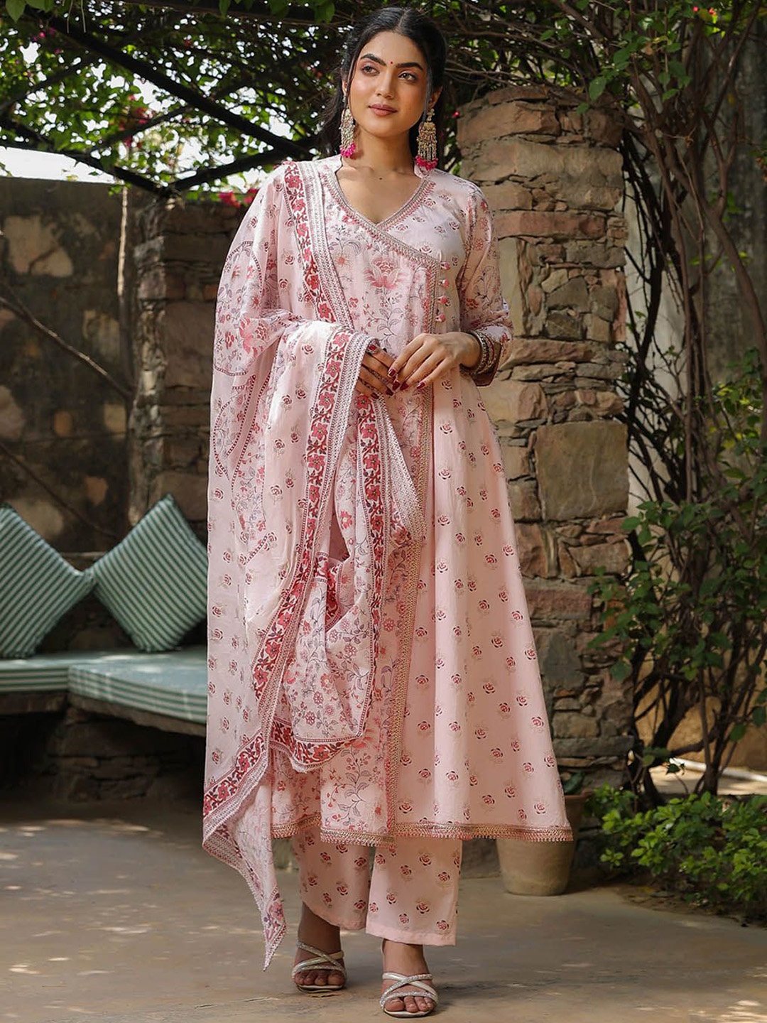 

Anastay Clothing Floral Printed V-Neck Pure Cotton Anarkali Kurta With Trousers & Dupatta, Pink