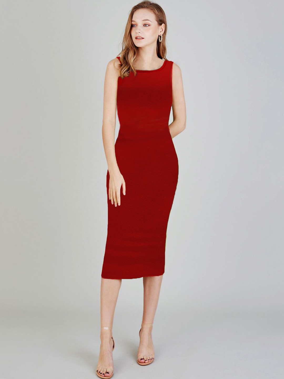 

KERI PERRY Plain Straight Fit Partywear Bodycon Midi Dress, Red