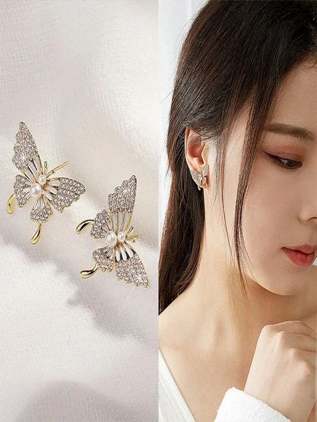 

BEYTER Sterling Silver Artificial Stones Studded Butterfly Shaped Studs, Gold