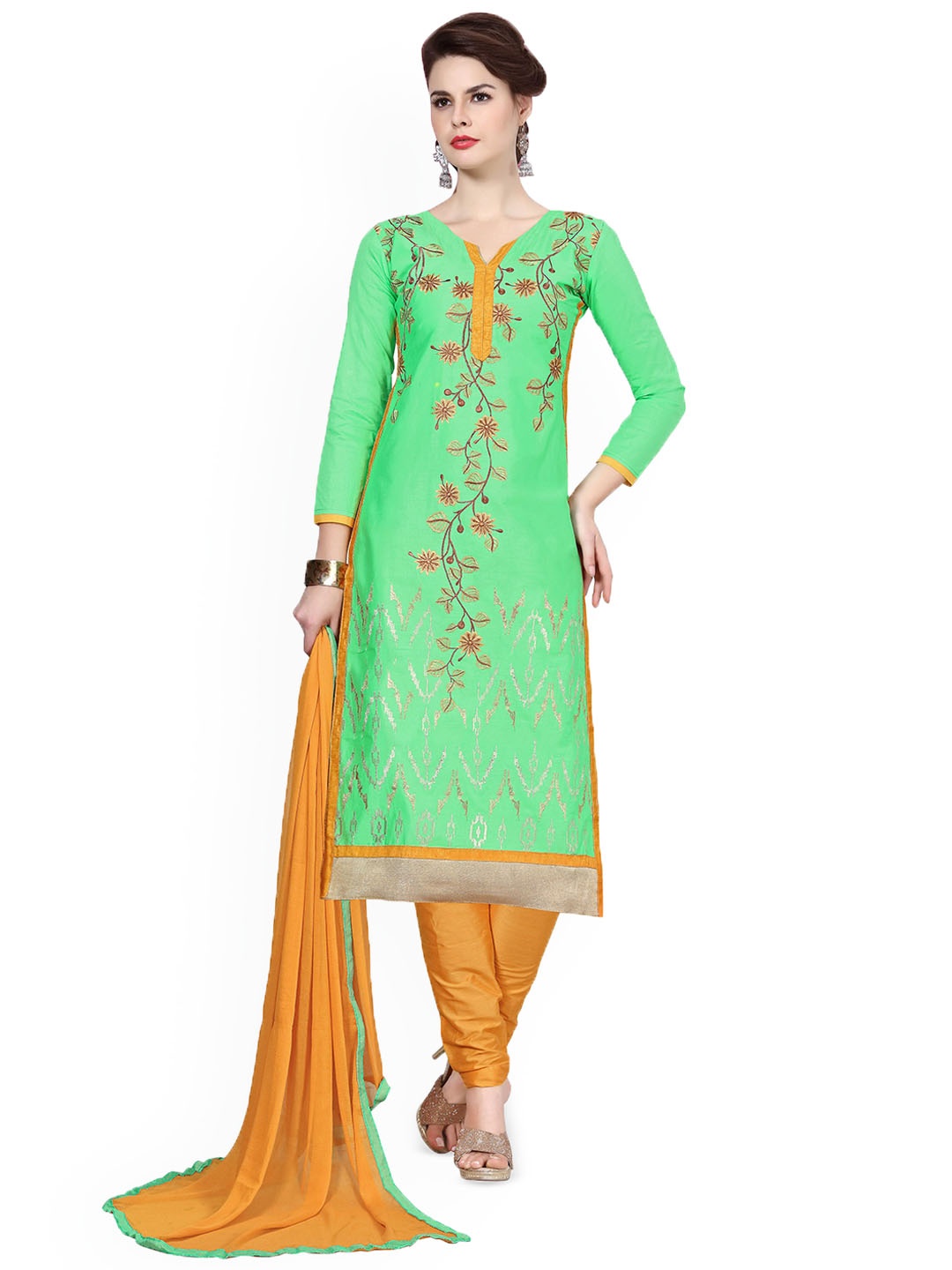 

HERE&NOW Floral Embroidered Glaze Cotton Unstitched Dress Material, Green