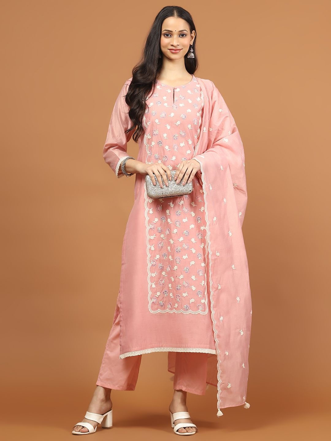 

Meena Bazaar Floral Embroidered Chanderi Silk Straight Kurta With Trouser And Dupatta, Pink