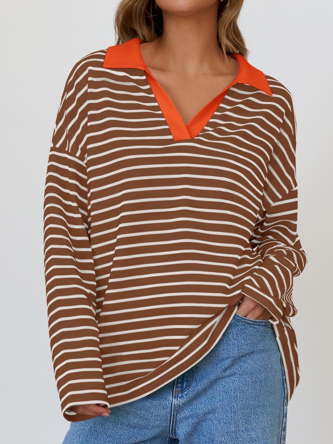 

StyleCast x Revolte Women Striped Sweatshirt, Brown