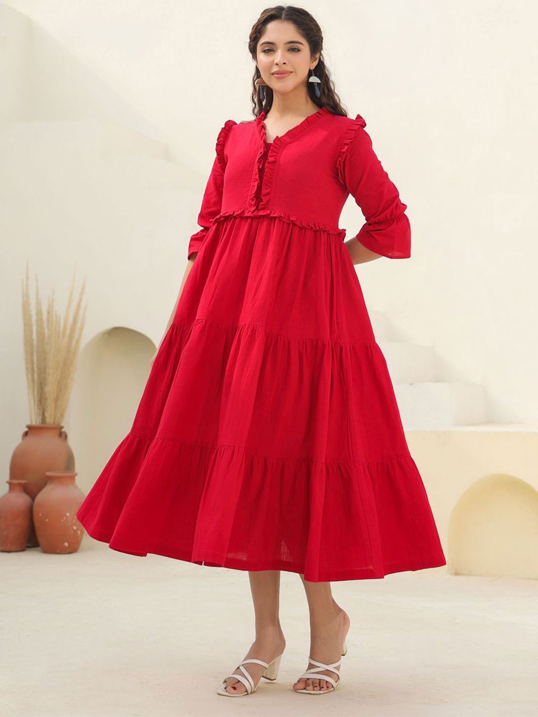 

Rain & Rainbow Women Puff Sleeves Ruffled Cotton A-Line Midi Dress, Fuchsia