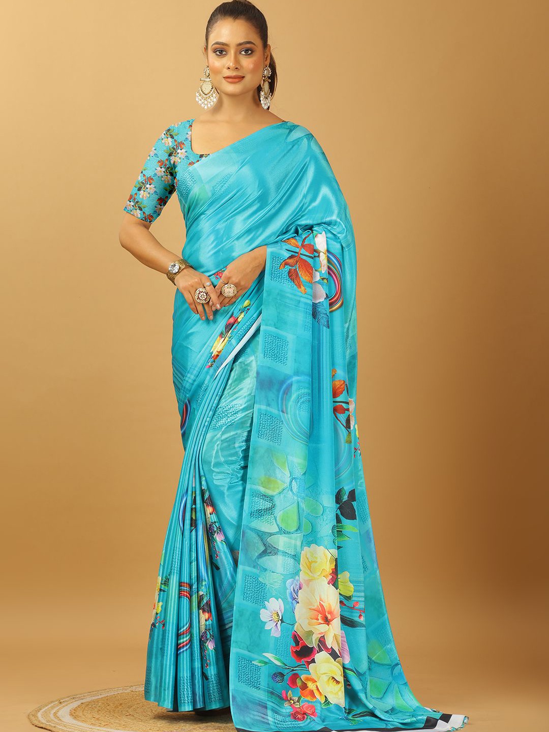 

A.V.M. SILK MILLS Floral Printed Pure Crepe Saree with Blouse Piece, Blue