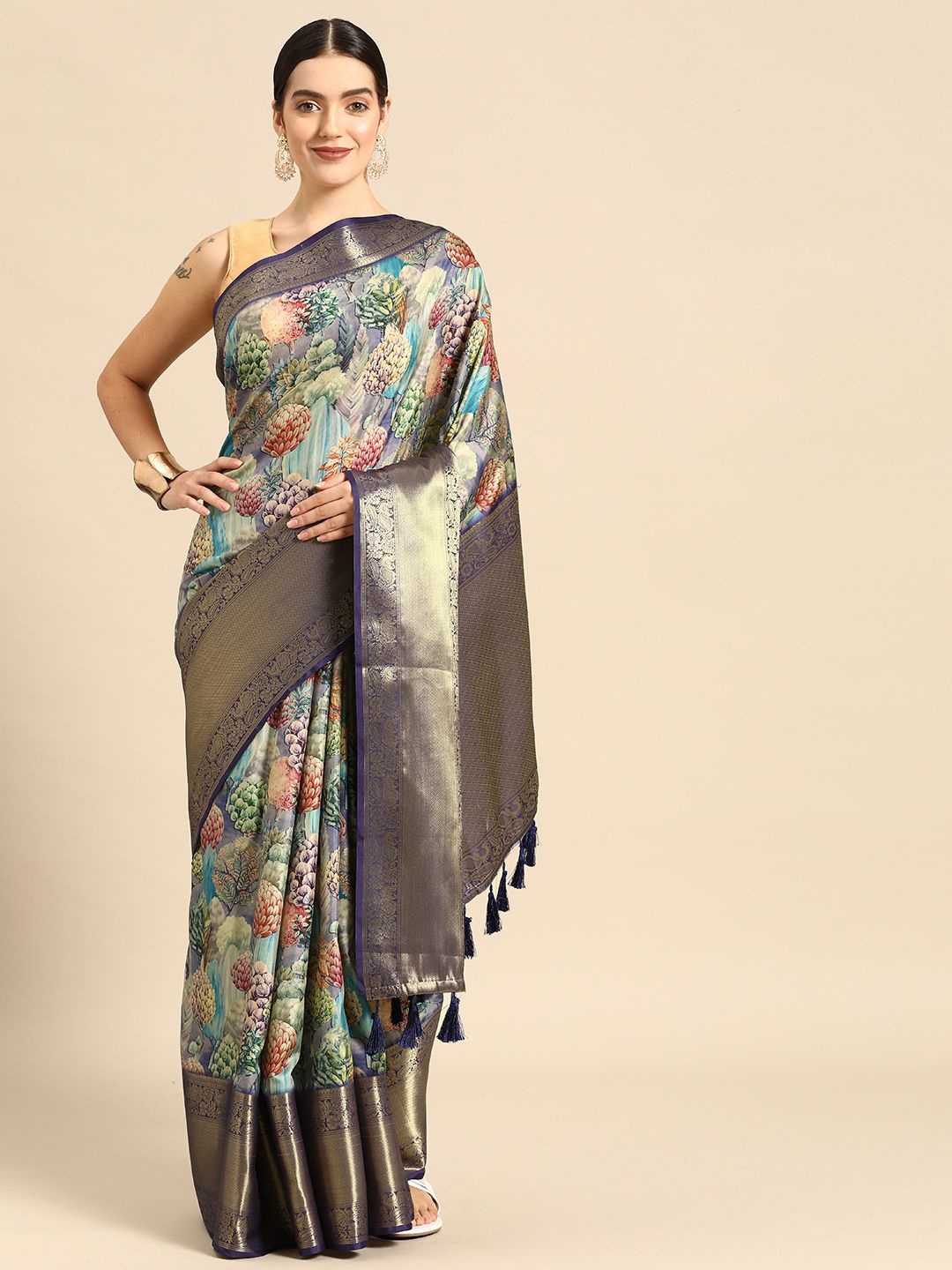 

DIVASTRI Kanchipuram Pattu Silk Zari Woven Digital Print Saree With Woven Border & Pallu, Blue