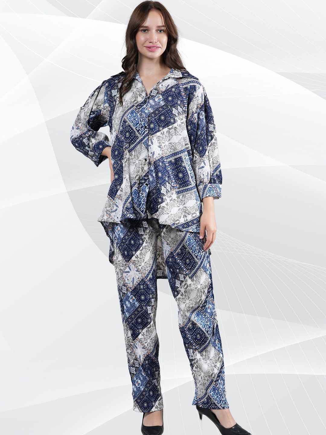 

NEYSA Ethnic Motifs Printed Shirt Collar High Low Shirt And Trousers, Blue