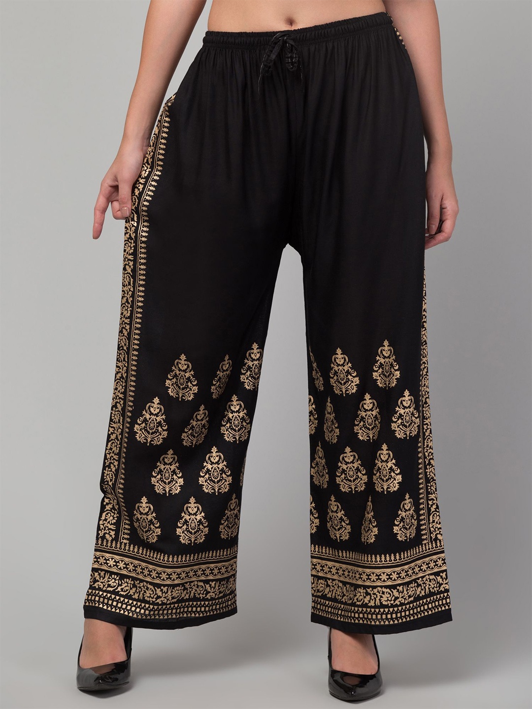 

FAMBEE Women Floral Printed Flared Knitted Palazzos, Black