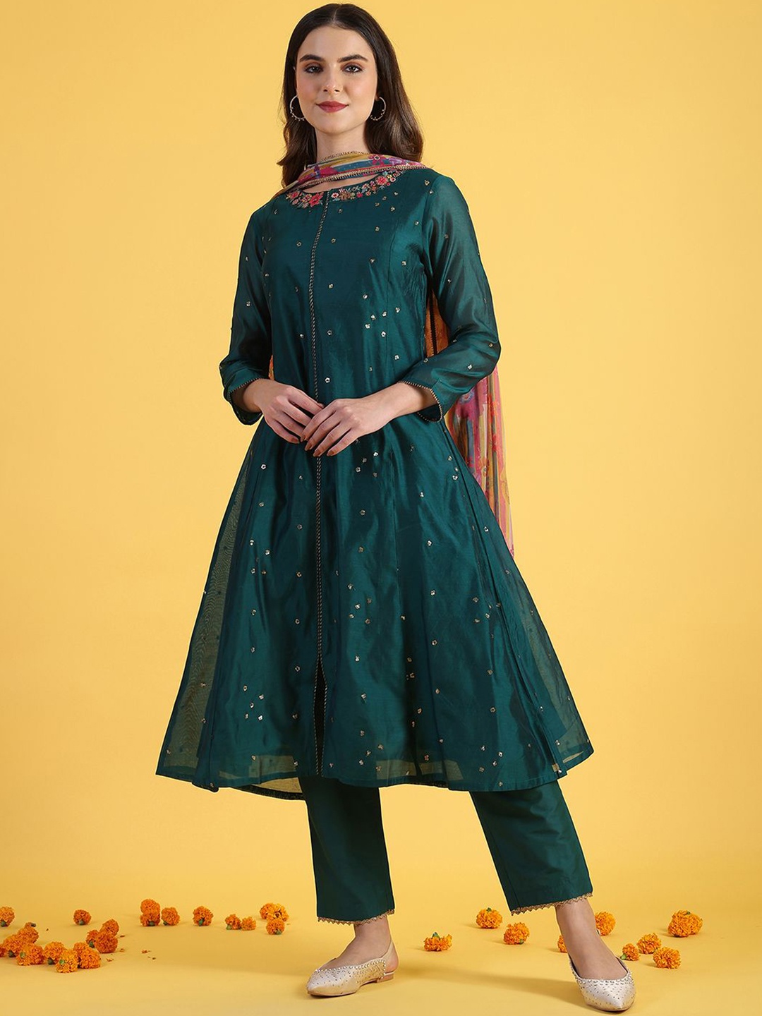 

W Green Ethnic Motifs Embroidered Notch Neck A-Line Kurta With Trousers And Dupatta