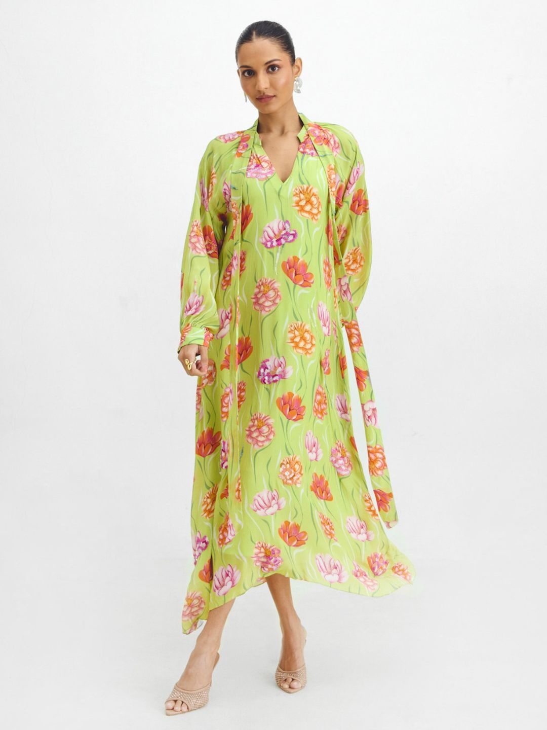 

Prose Stories Floral Print Puff Sleeve Crepe Kaftan Midi Dress, Green