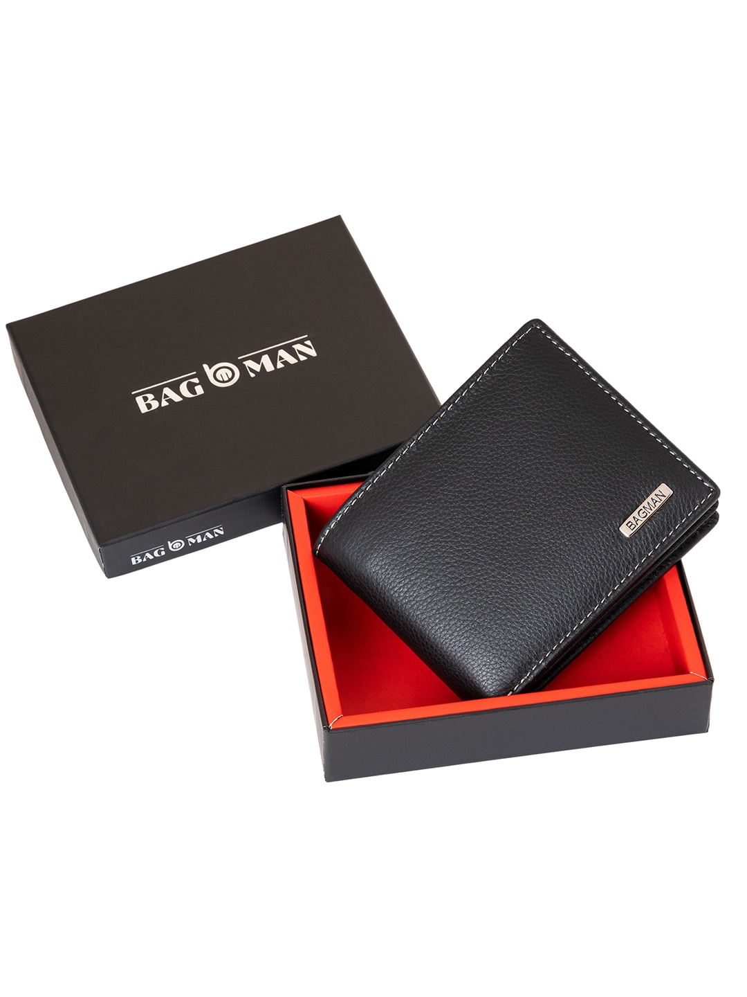 

BAGMAN Men Leather Two Fold Wallet, Black