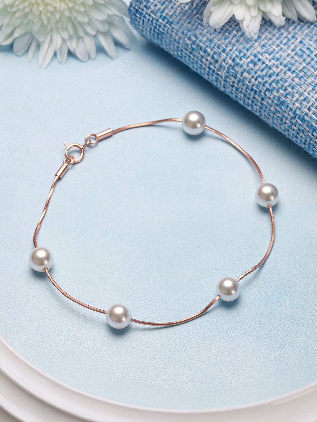 

SARAF SILVERETZ 925 Sterling Silver Rose Gold-Plated Pearls Charm Bracelet