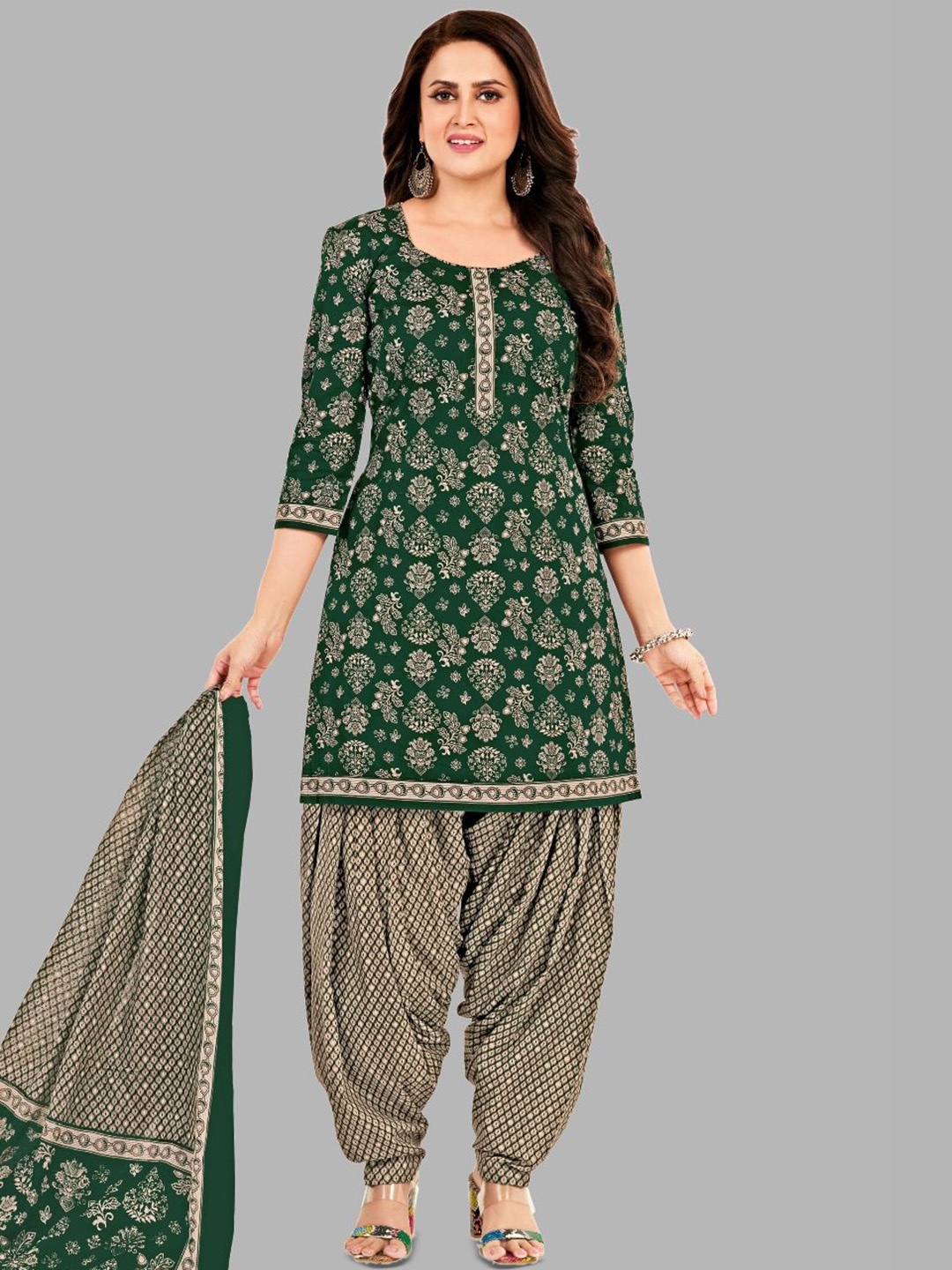 

shree jeenmata collection Printed Pure Cotton Unstitched Dress Material, Green