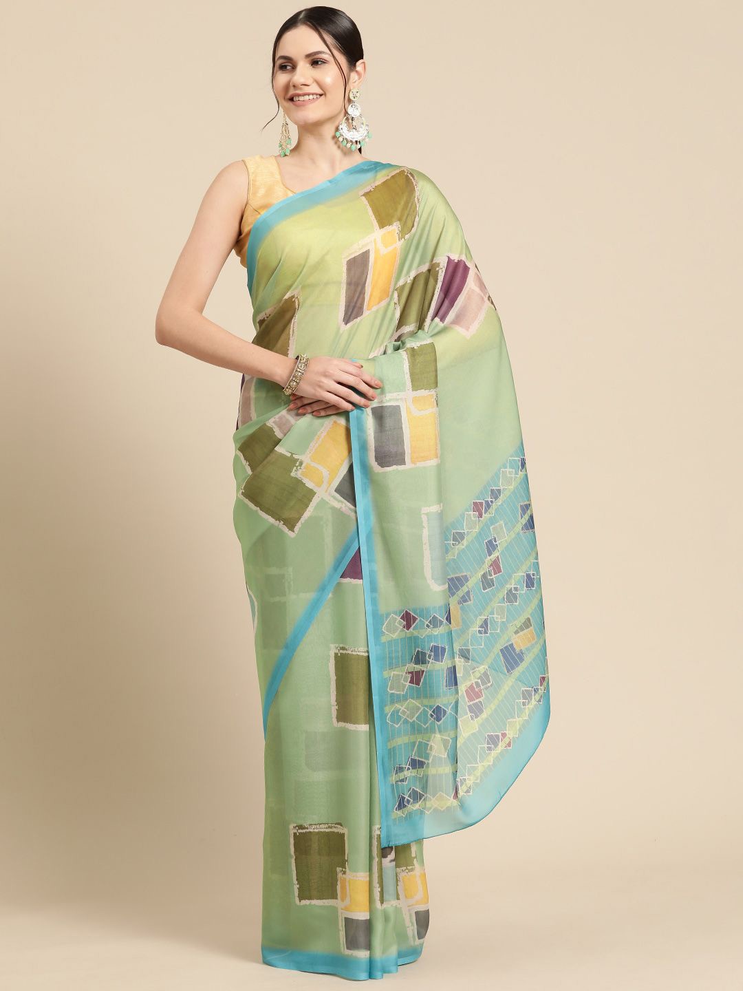 

DIVASTRI Soft Silk Digital Printed Color Blocked Saree, Olive