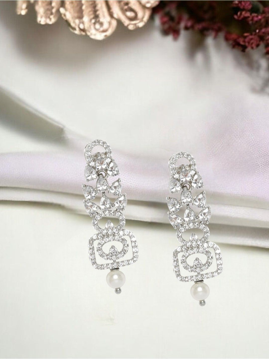 

House of Pataudi American Diamond Studded Contemporary Drop Earrings, Silver