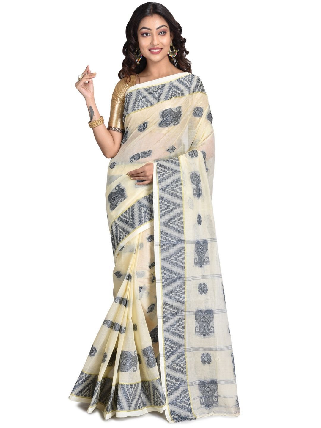 

RAJ SAREE HOUSE Pure Cotton Jamdani Saree, Grey