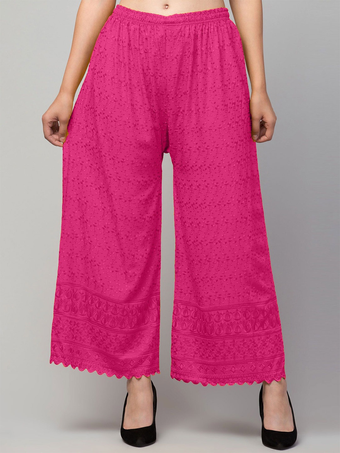 

FAMBEE Women Floral Embroidered Flared Knitted Palazzos, Pink