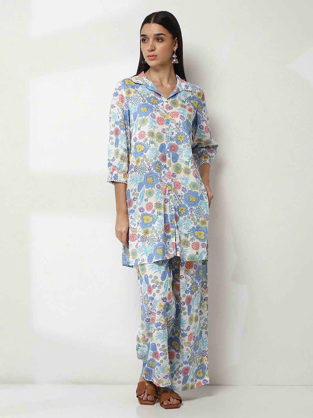 

Rangriti Floral Printed Shirt Collar Tunic With Palazzos, White
