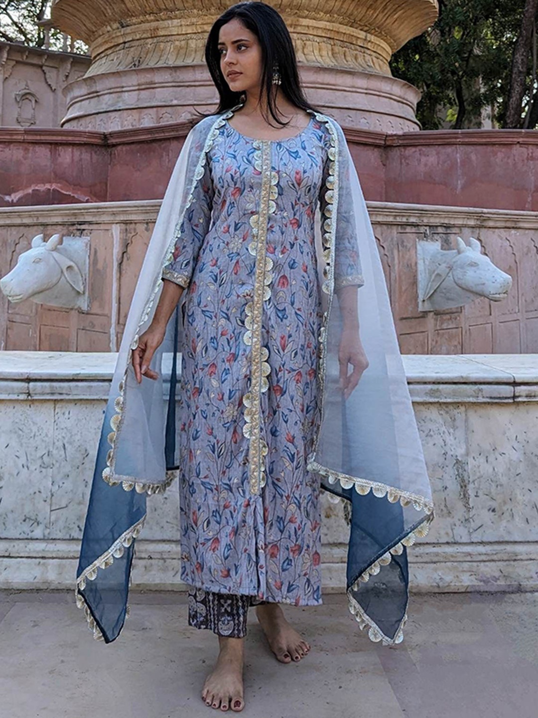 

Anastay Clothing Floral Printed Round Neck Sequinned Straight Kurta With Trouser & Dupatta, Grey