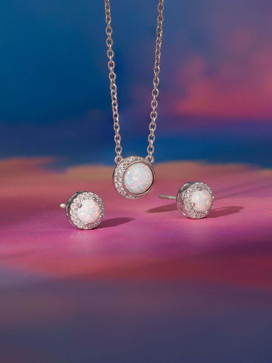 

GIVA 925 Silver Rose Gold-Plated Cubic Zirconia Studded Opal Moon Jewellery Set