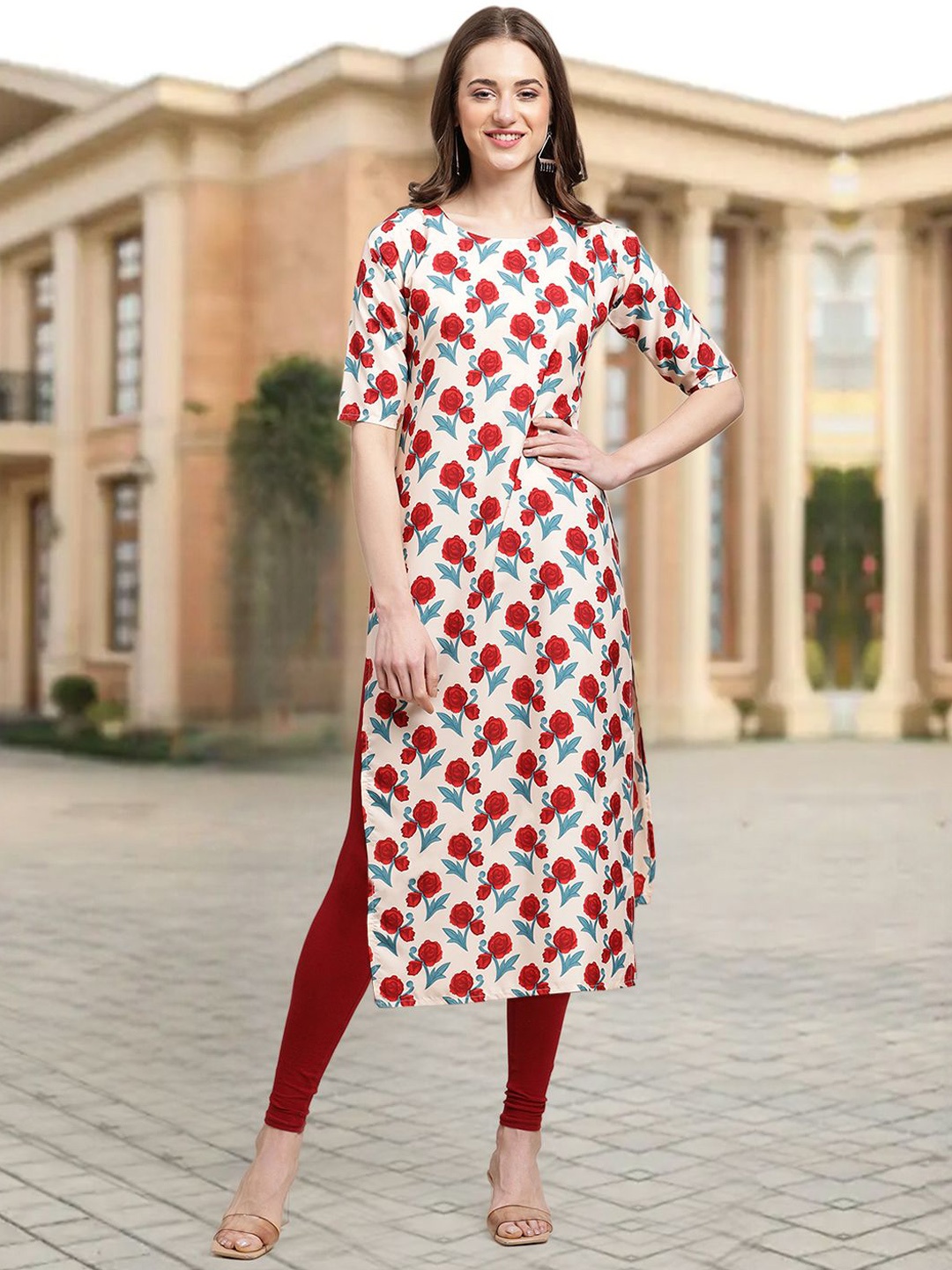 

7Threads Floral Printed Round Neck Straight Kurta, Red