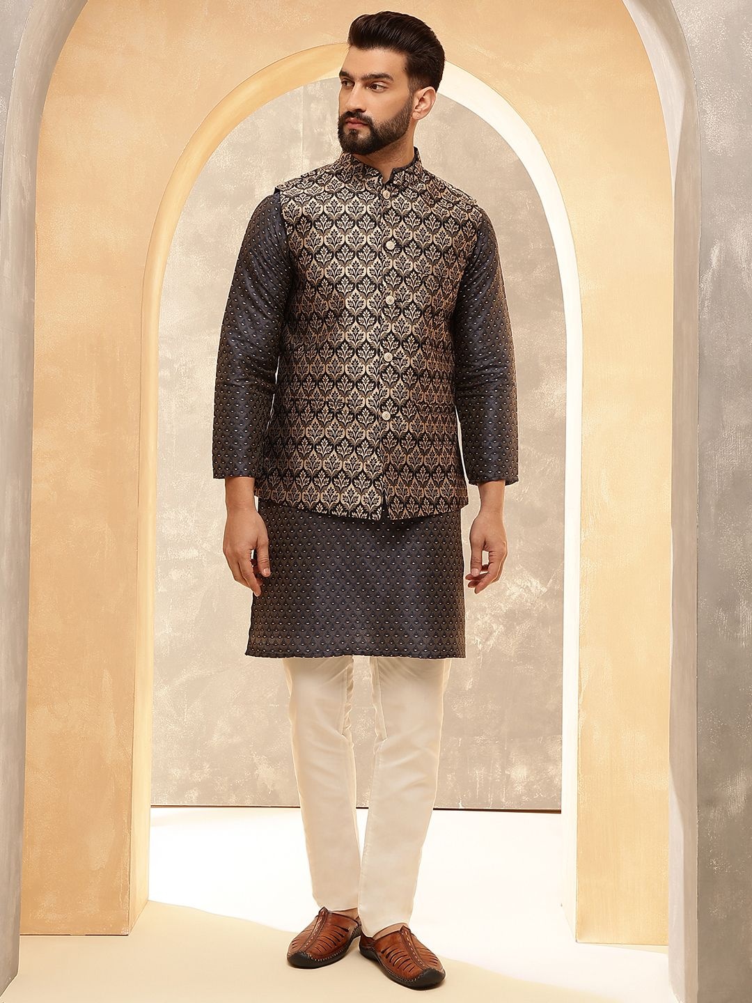 

Anouk Black Woven Design Jacquard Silk Straight Kurta With Pyjamas And Nehru Jacket