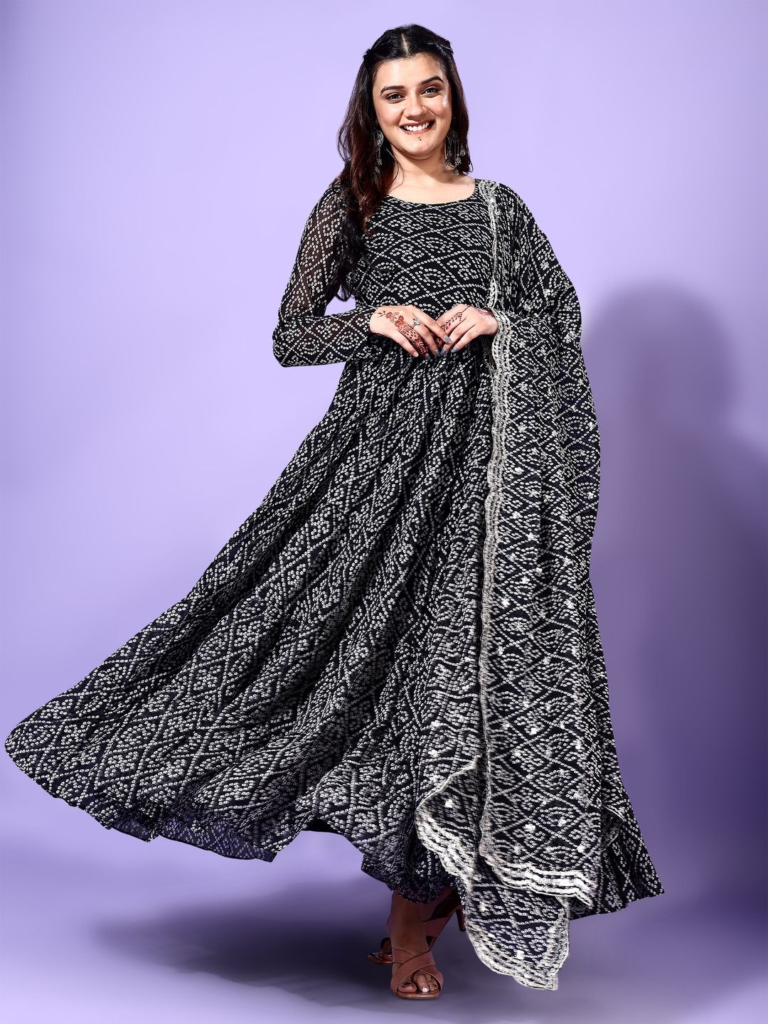 

KALINI Bandhani Printed Round Neck Tiered Anarkali Kurta with Pyjamas & Dupatta, Black