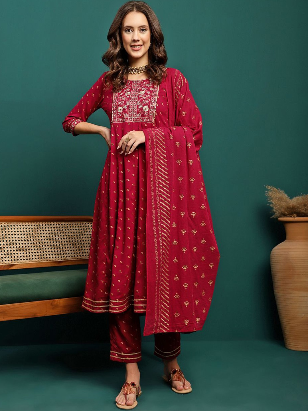 

Sangria Red Floral Embroidered Panelled Sequinned A-Line Kurta With Trousers And Dupatta